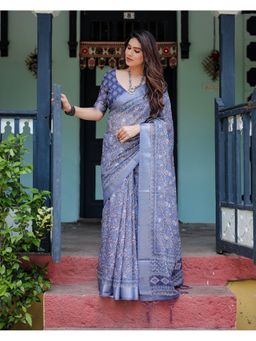 ALMAARI FASHION - Festive Ready Handloom Linen Blue Floral Saree with Unstitched Blouse