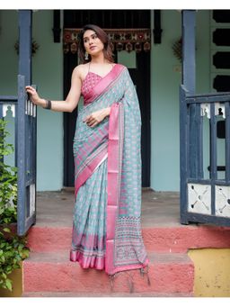 ALMAARI FASHION - Handloom Linen Printed Teal Saree with Unstitched Blouse