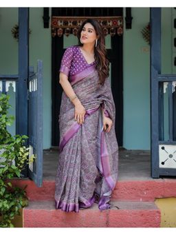 ALMAARI FASHION - Pure Linen Handloom Purple Floral Saree with Unstitched Blouse