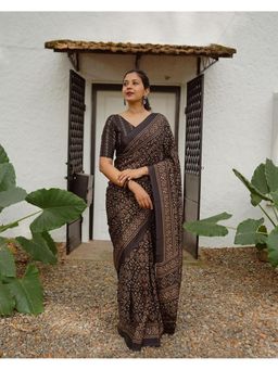 ALMAARI FASHION - Soft Handloom Linen Brown Printed Saree with Unstitched Blouse