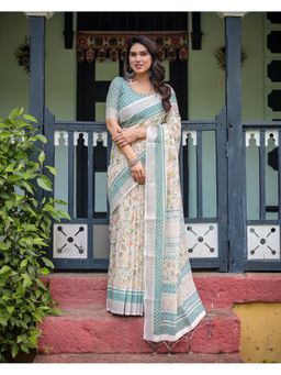 ALMAARI FASHION - Printed Floral Handloom Linen Multi-Color Saree with Unstitched Blouse