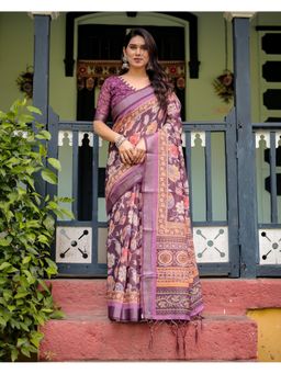 ALMAARI FASHION - Linen Handloom Magenta Floral Saree with Unstitched Blouse