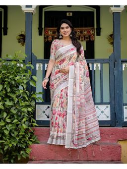 ALMAARI FASHION - Ethnic Handloom Linen Multi-Color Floral Saree with Unstitched Blouse