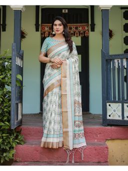 ALMAARI FASHION - Linen Cotton Blend Handloom Green Floral Saree with Unstitched Blouse