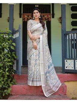ALMAARI FASHION - Handloom Linen Blue Floral Saree with Unstitched Blouse