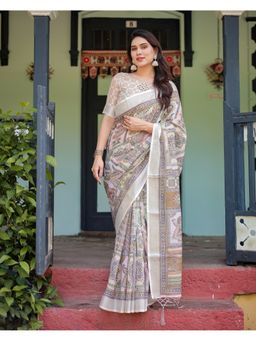 ALMAARI FASHION - Floral Print Handloom Linen Multi-Color Saree with Unstitched Blouse