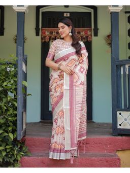 ALMAARI FASHION - Printed Handloom Linen Pink Saree with Unstitched Blouse