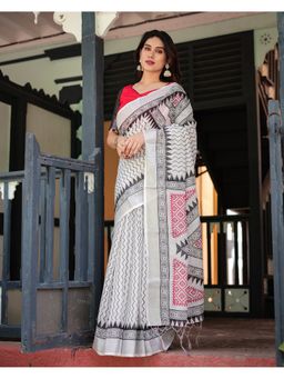 ALMAARI FASHION - Soft Handloom Linen Multi-Color Printed Saree with Unstitched Blouse