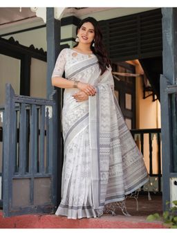 ALMAARI FASHION - Stylish Linen Handloom White Printed Saree with Unstitched Blouse
