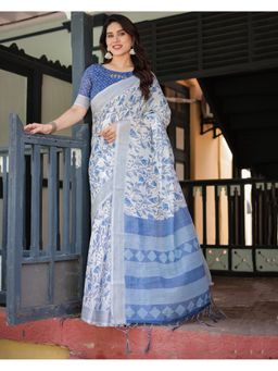 ALMAARI FASHION - Festive Ready Handloom Linen Blue Floral Saree with Unstitched Blouse