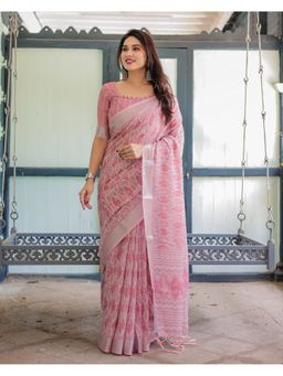 ALMAARI FASHION - Printed Linen Pink Saree with Unstitched Blouse