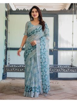 ALMAARI FASHION - Traditional Handloom Linen Multi-Color Printed Saree with Unstitched Blouse