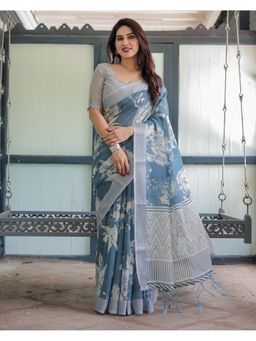 ALMAARI FASHION - Soft Handloom Linen Floral Blue Saree with Unstitched Blouse