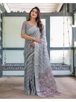 ALMAARI FASHION - Printed Handloom Linen Grey Saree with Unstitched Blouse
