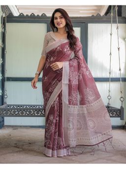 ALMAARI FASHION - Graceful Handloom Linen Maroon Floral Saree with Unstitched Blouse