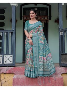 ALMAARI FASHION - Designer Floral Print Handloom Linen Teal Saree with Unstitched Blouse