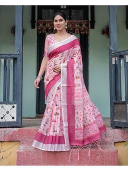 ALMAARI FASHION - Linen Handloom Pink Floral Saree with Unstitched Blouse