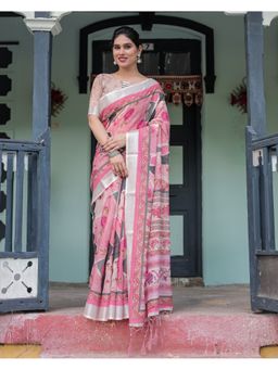 ALMAARI FASHION - Ethnic Handloom Linen Pink Floral Saree with Unstitched Blouse