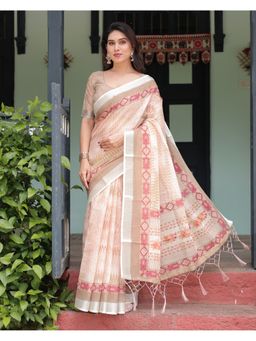 ALMAARI FASHION - Everyday Elegance Handloom Linen Peach Printed Saree with Unstitched Blouse