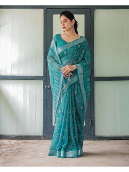 ALMAARI FASHION - Stylish Linen Handloom Teal Floral Saree with Unstitched Blouse