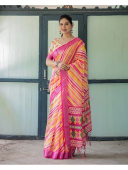ALMAARI FASHION - Festive Ready Handloom Linen Multi-Color Printed Saree with Unstitched Blouse