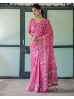 ALMAARI FASHION - Handloom Linen Floral Printed Pink Saree with Unstitched Blouse