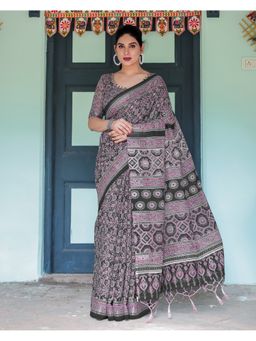 ALMAARI FASHION - Pure Linen Handloom Multi-Color Floral Saree with Unstitched Blouse