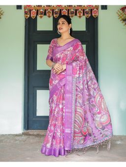 ALMAARI FASHION - Floral Printed Linen Multi-Color Saree with Unstitched Blouse
