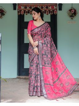 ALMAARI FASHION - Traditional Handloom Linen Floral Multi-Color Saree with Unstitched Blouse
