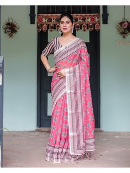 ALMAARI FASHION - Soft Handloom Linen Floral Pink Saree with Unstitched Blouse