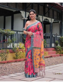 ALMAARI FASHION - Printed Floral Handloom Linen Red Saree with Unstitched Blouse