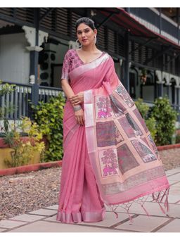 ALMAARI FASHION - Graceful Handloom Linen Pink Floral Saree with Unstitched Blouse