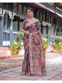 ALMAARI FASHION - Linen Handloom Pink Floral Saree with Unstitched Blouse