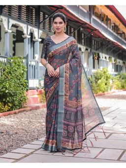 ALMAARI FASHION - Pastel Floral Handloom Linen Grey Saree with Unstitched Blouse