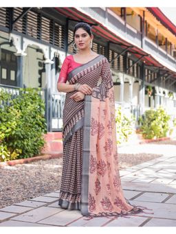 ALMAARI FASHION - Linen Cotton Blend Handloom Multi-Color Floral Saree with Unstitched Blouse