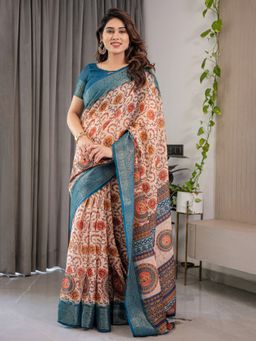 ALMAARI FASHION - Women Beige Linen Handloom Saree with Unstitched Blouse
