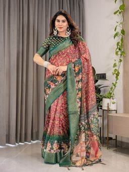 ALMAARI FASHION - Women Multi-Color Linen Handloom Saree with Unstitched Blouse