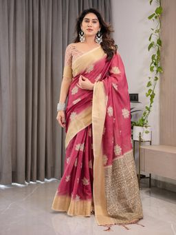 ALMAARI FASHION - Women Pink Linen Handloom Saree with Unstitched Blouse