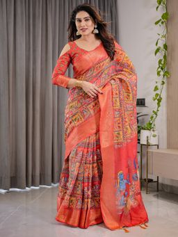 ALMAARI FASHION - Women Multi-Color Linen Handloom Saree with Unstitched Blouse