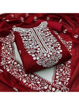 Suha - Chanderi Silk Fabric Maroon Unstitched Kurta with Unstitched Pant and Dupatta