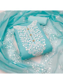 Suha - Chanderi Silk Fabric Blue Unstitched Kurta with Unstitched Pant and Dupatta