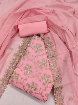 Suha - Chanderi Silk Fabric Pink Unstitched Kurta with Unstitched Pant and Dupatta