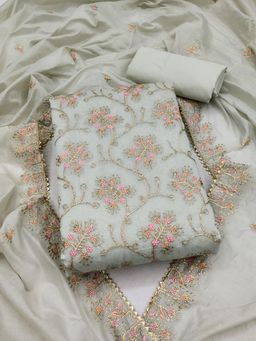 Suha - Chanderi Silk Fabric Grey Unstitched Kurta with Unstitched Pant and Dupatta