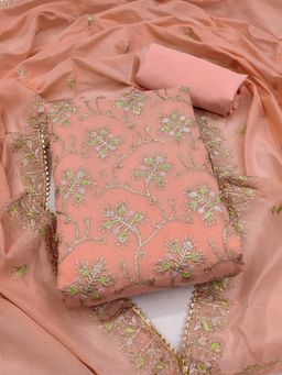 Suha - Chanderi Silk Fabric Peach Unstitched Kurta with Unstitched Pant and Dupatta