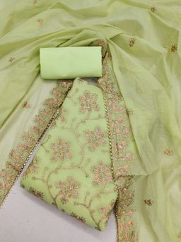 Suha - Chanderi Silk Fabric Green Unstitched Kurta with Unstitched Pant and Dupatta