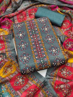 Suha - Chinon Fabric Grey Unstitched Kurta with Unstitched Pant and Dupatta