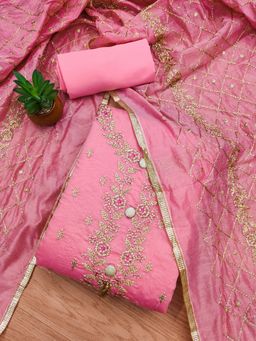 Suha - Chanderi Silk Pink Unstitched Kurta with Unstitched Pant and Dupatta