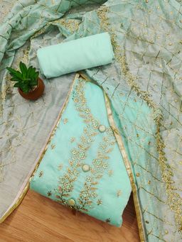 Suha - Chanderi Silk Blue Unstitched Kurta with Unstitched Pant and Dupatta