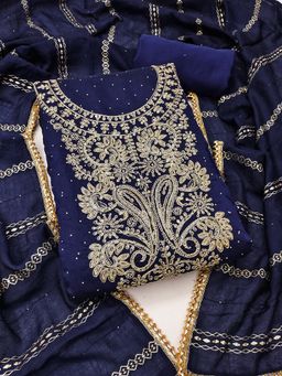 Suha - Chanderi Silk Blue Unstitched Kurta with Unstitched Pant and Dupatta