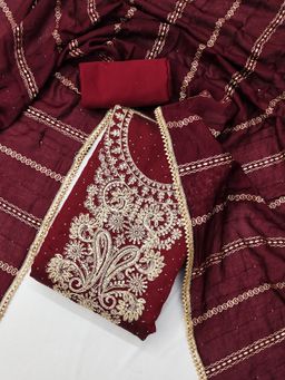 Suha - Chanderi Silk Maroon Unstitched Kurta with Unstitched Pant and Dupatta